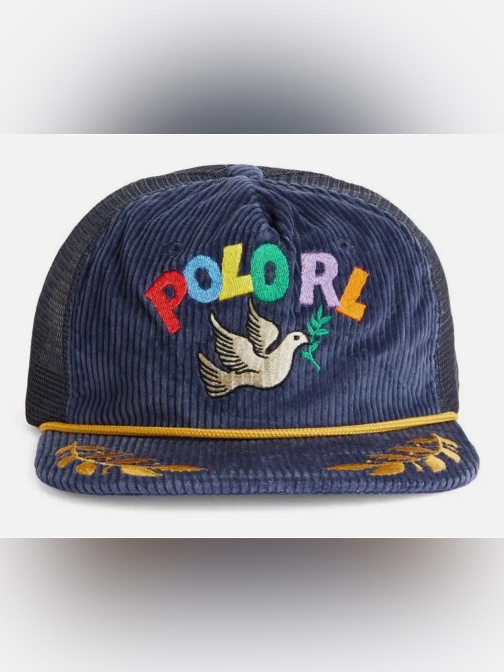 NWT Polo Ralph Lauren Navy Corduroy PEACE LOVE DOVE Trucker Baseball Cap Hat
